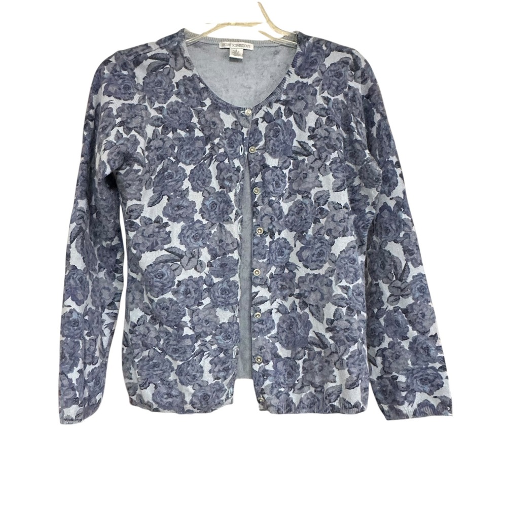 Vintage Petite Sophisticate Angora Blend Floral Button Up Cardigan S Blue Japan
